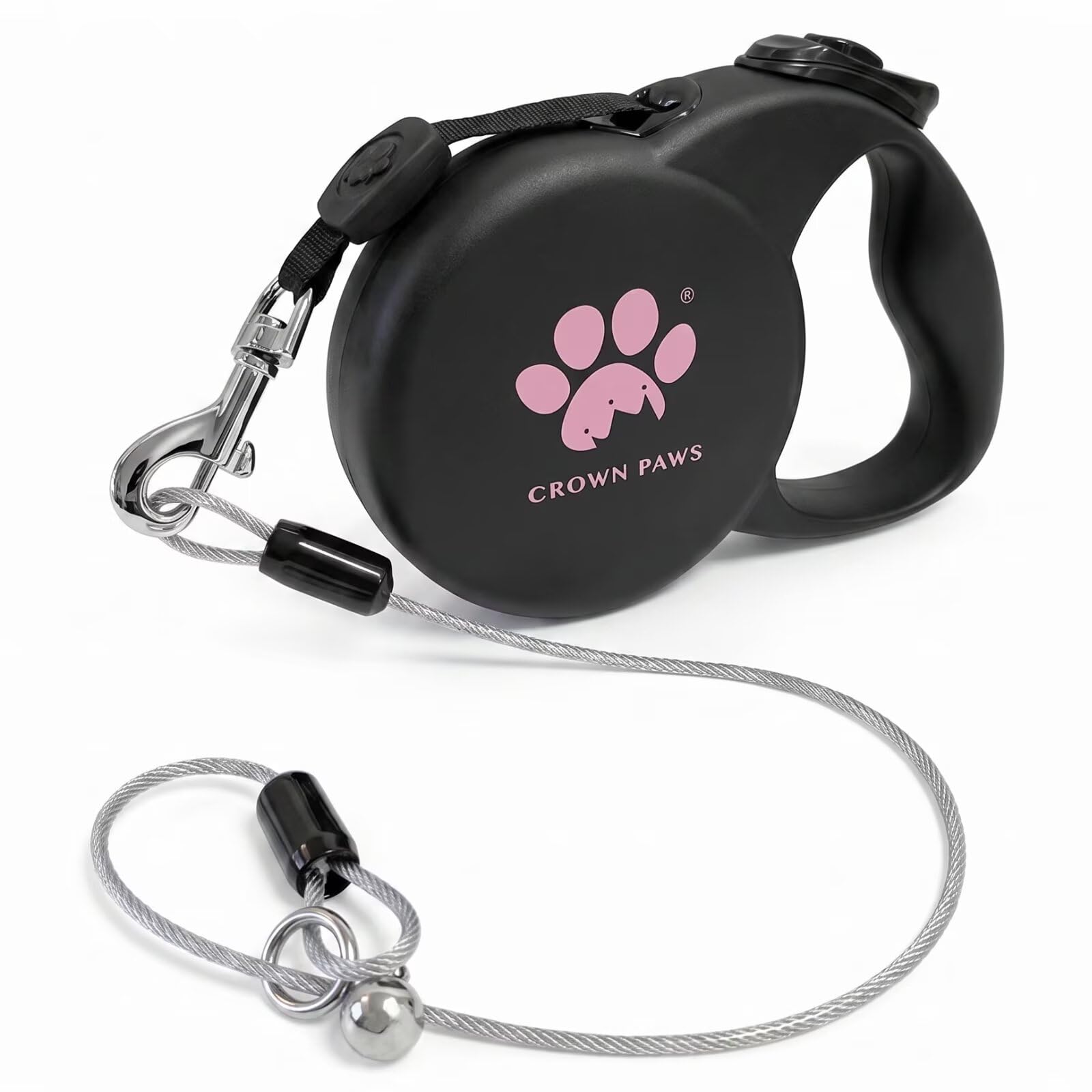 CROWN PAWS Chew Proof Retractable Dog Leash for Large Dogs, 16ft Heavy Duty Dog Lead with Anti-Chewing Steel Wire Rope, Tangle-Free 360° Swivel, One-Hand Brake & Lock, Black L