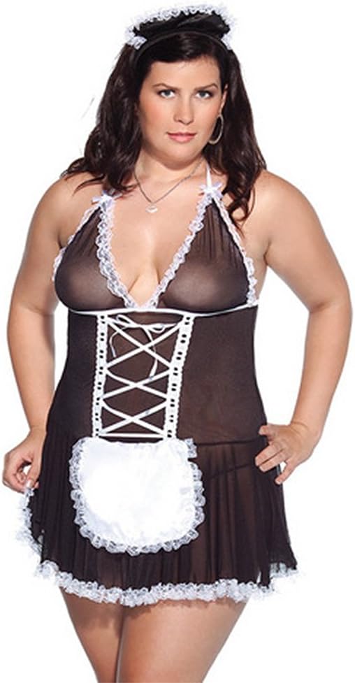 2 Piece Plus Size Mesh French Maid Babydoll With Apron- Black/White