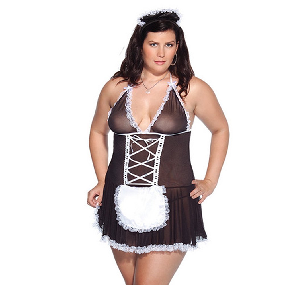 2 Piece Plus Size Mesh French Maid Babydoll With Apron- Black/White