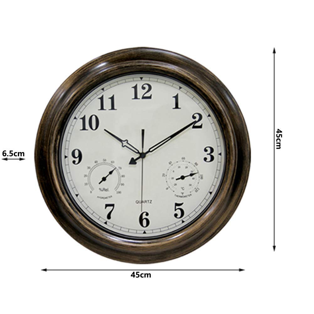 Zewnętrzny zegar ścienny, metalowy zegar ścienny retro, wodoodporny zegar ogrodowy z termometrem i higrometrem, odpowiedni do salonu, łazienki, basenu, 45 cm