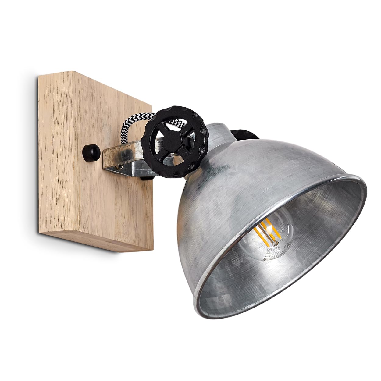 Lampada da parete Svanfolk, lampada da parete in metallo e legno in argento/marrone, 1 luce, con faretto regolabile, 1 attacco E14, design retro/vintage, senza lampadina/e