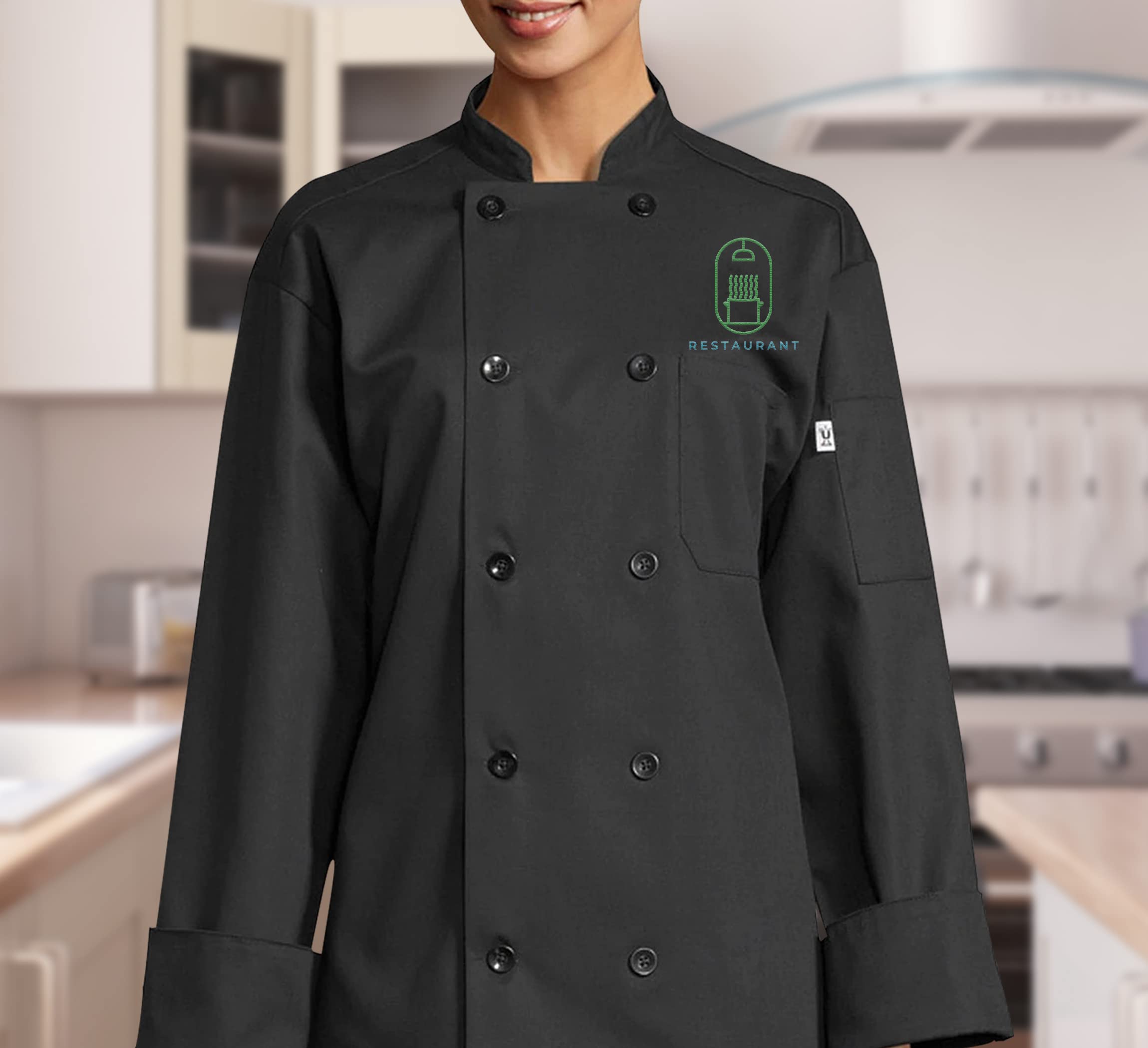 Custom Embroidered Chef Coat Your Text Name Personalized Unisex Long Sleeve Chef Jacket Black