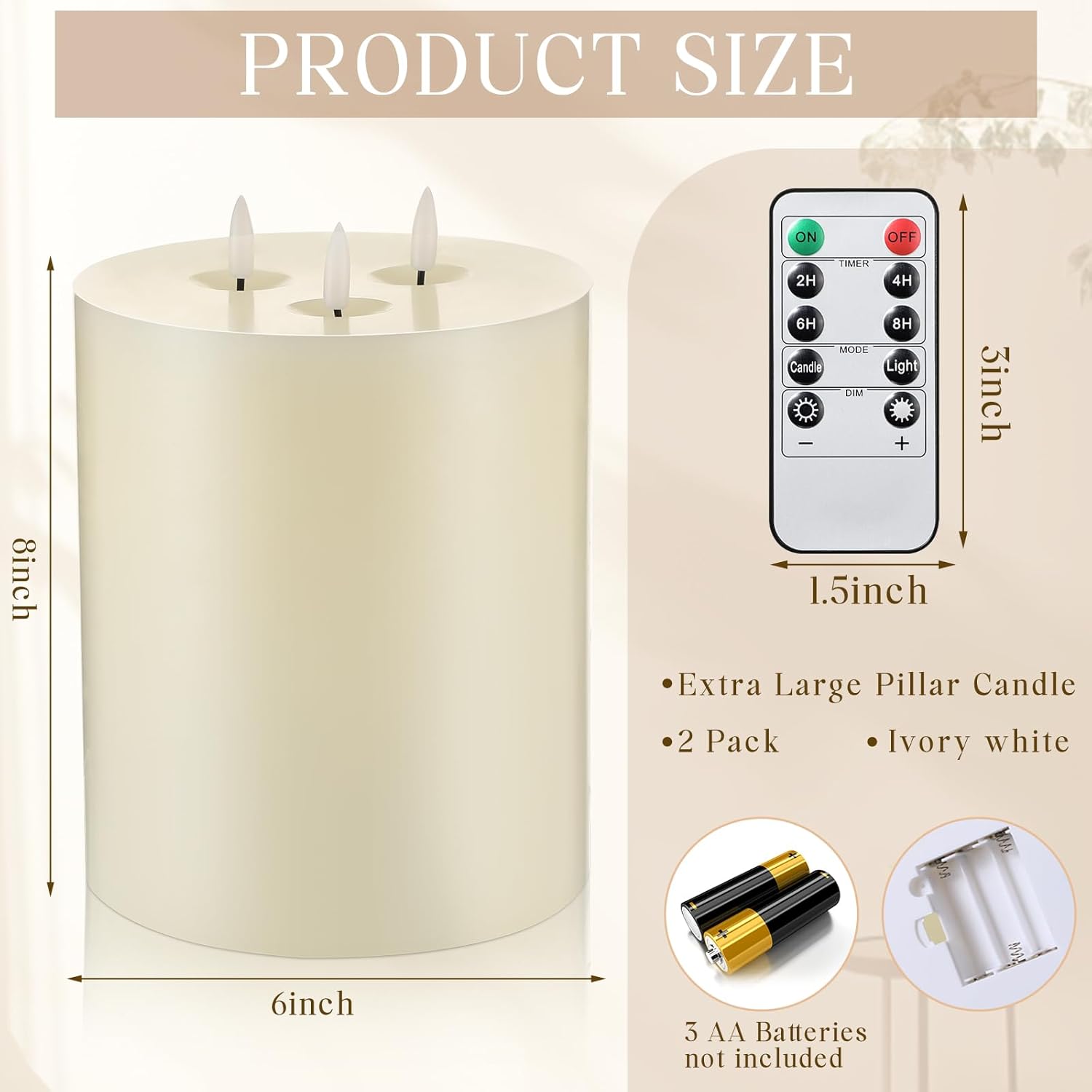 Retisee 2 Pack Extra Large Flameless Candles Battery Operated Real Wax 3 Wicks LED Pillar Candles with Remote Control and Timer for Wedding Christmas Home Party Decoration(Ivory,6 x 8 Inch)