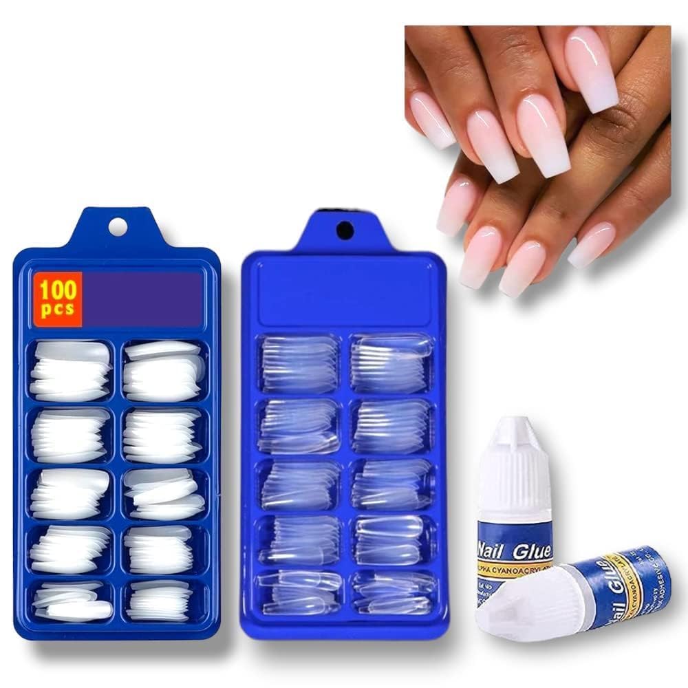 Hazzu Artificial Nails Set, 200 Pieces, 100 White and 100 Transparent, with 2 Nail Glue, Nail Salon Quality-image-5