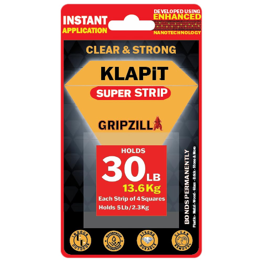 SUPER STRIP GRIPZILLA - Heavy Duty Double Sided Nano Mounting Tape for Hanging Pictures and Glue-Free Fix for Furniture, Kitchen Accessories, Carpet, and Foam, with Four Precut Squares (16pc)