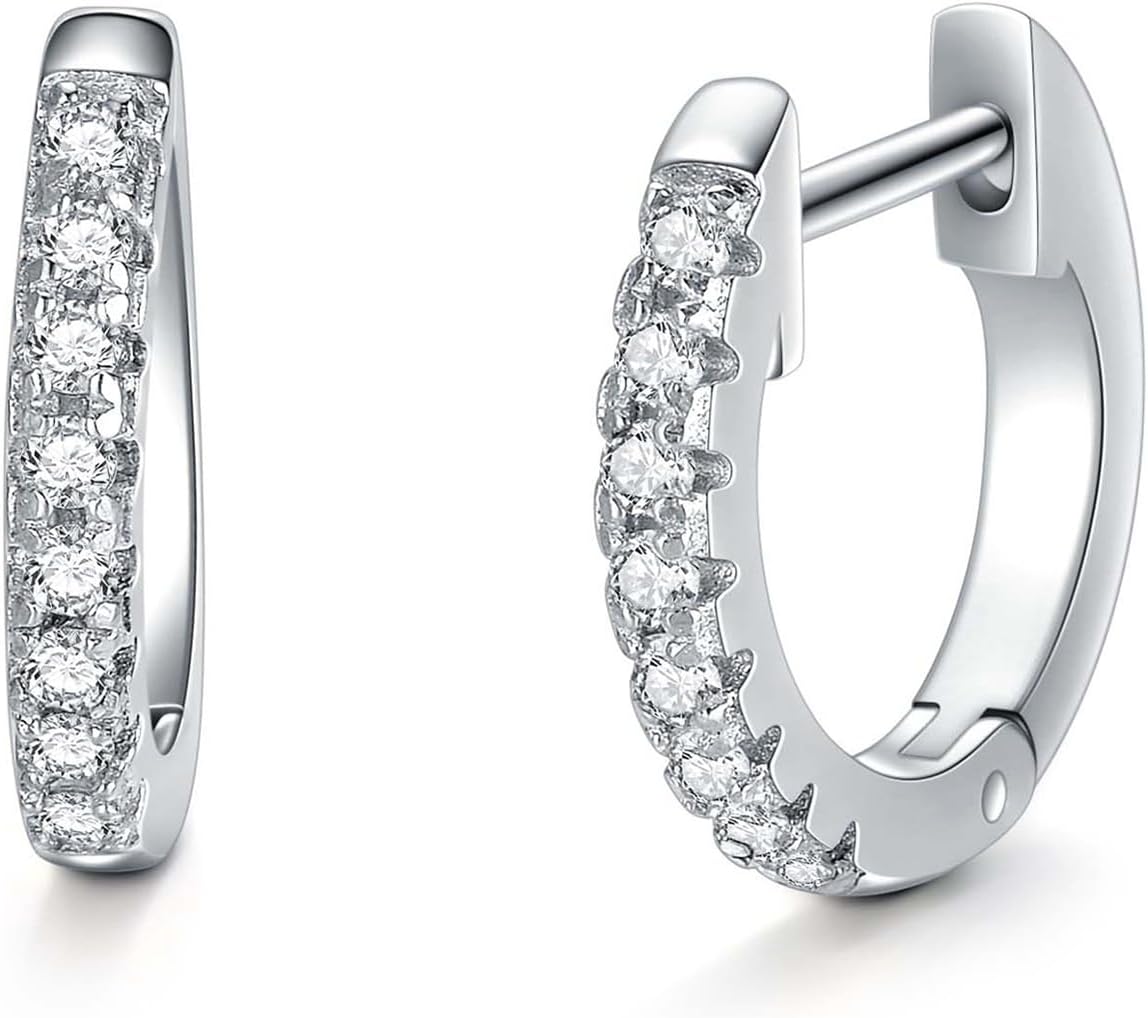 Huggie Earrings Diamond Earrings for Women 1/10 Carat Sterling Silver Hoop Earrings (D Color, VVS Clarity)