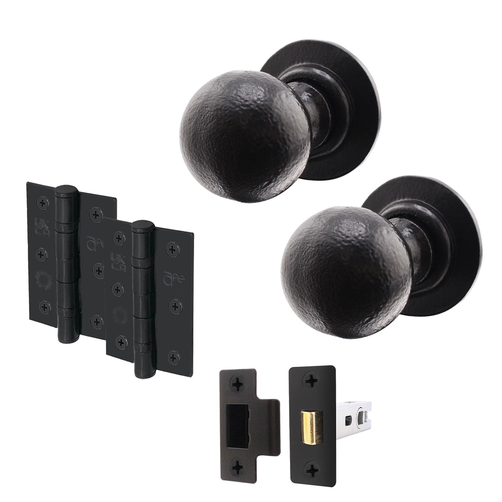 Eai Black Iron Door Knob Set - 1 Pair Of Cast Iron Antique Ball Mortice Knobs, Latch (76Mm) & Hinges (76Mm)
