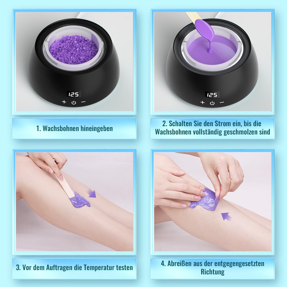 Waxing Set, LCD-Display, Silikonschale, Wachswärmer Wachs Haarentfernung mit 400g Waxing Perlen, 20 Holzspateln, 10 Papierringe zu Hause(Schwarz)