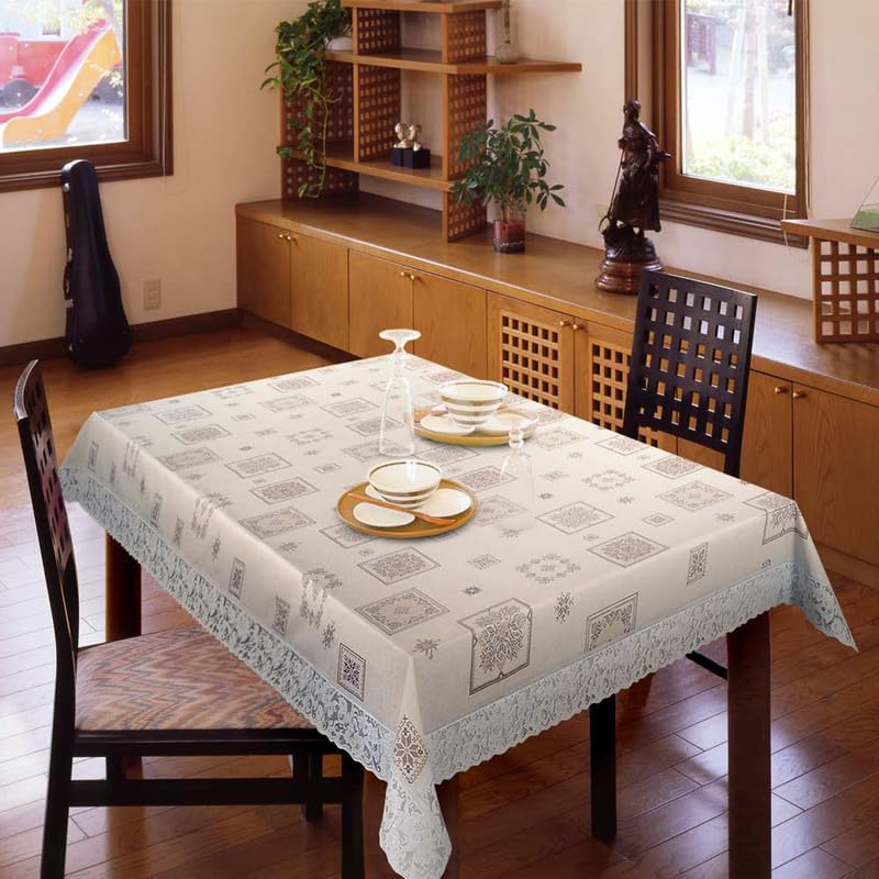 freelance pvc vinyl tuscany flannel backing dining plastic table cover cloth - waterproof protector, 6-8 seater, oblong/oval 60 x 90 inches (with white border edge lace) - product of meiwa, japan