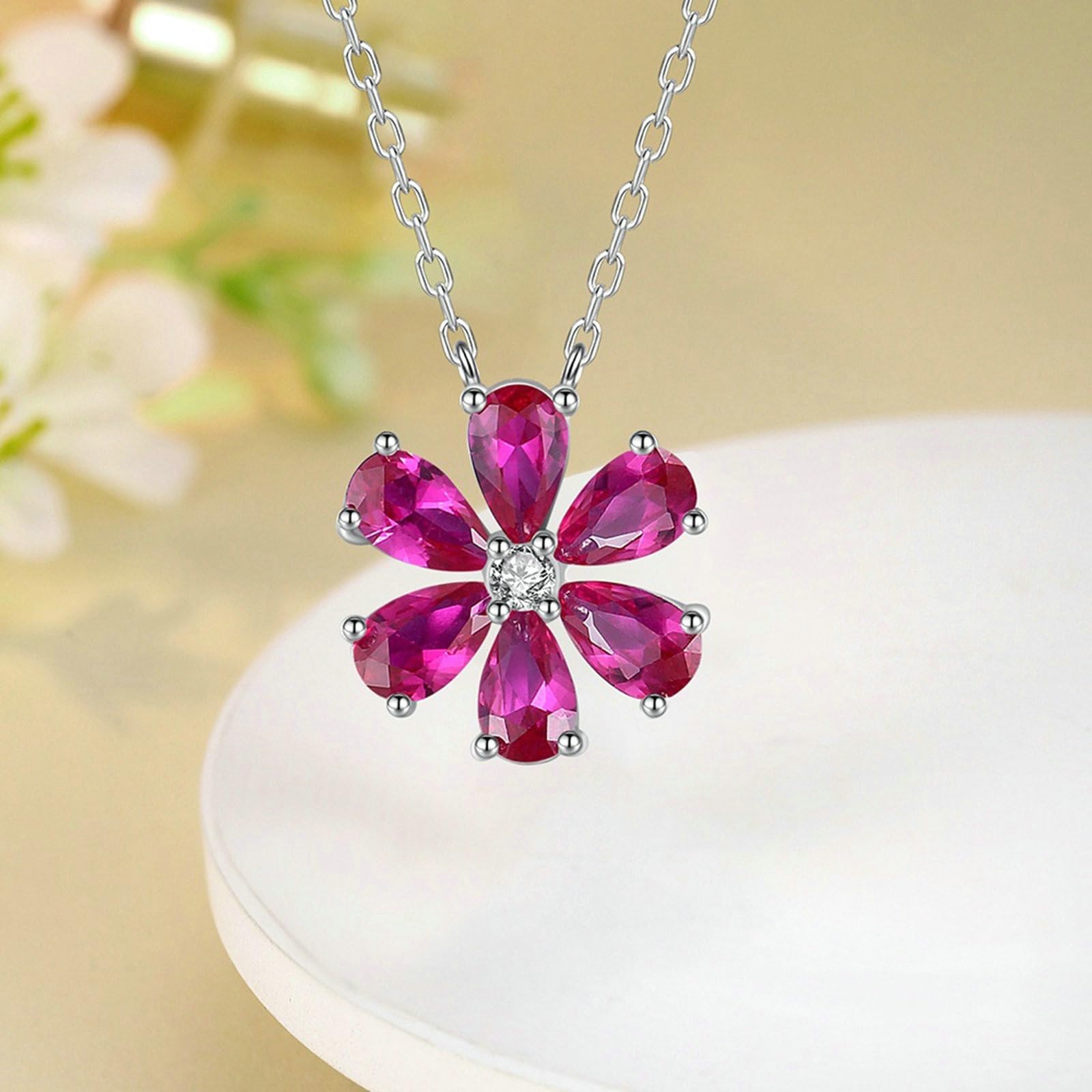 Collar de oro blanco 585 para mujer, cadena de 45 cm, colgante de flor con forma de pera, rubí de zafiro rosa y diamante, joyería de oro blanco de 14 quilates para ella