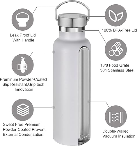 Miniatura 3 de Neihepal Botellas de agua aisladas de 20 onzas a granel, paquete de 8 botellas deportivas de doble pared de acero inoxidable con tapa de asa, termo