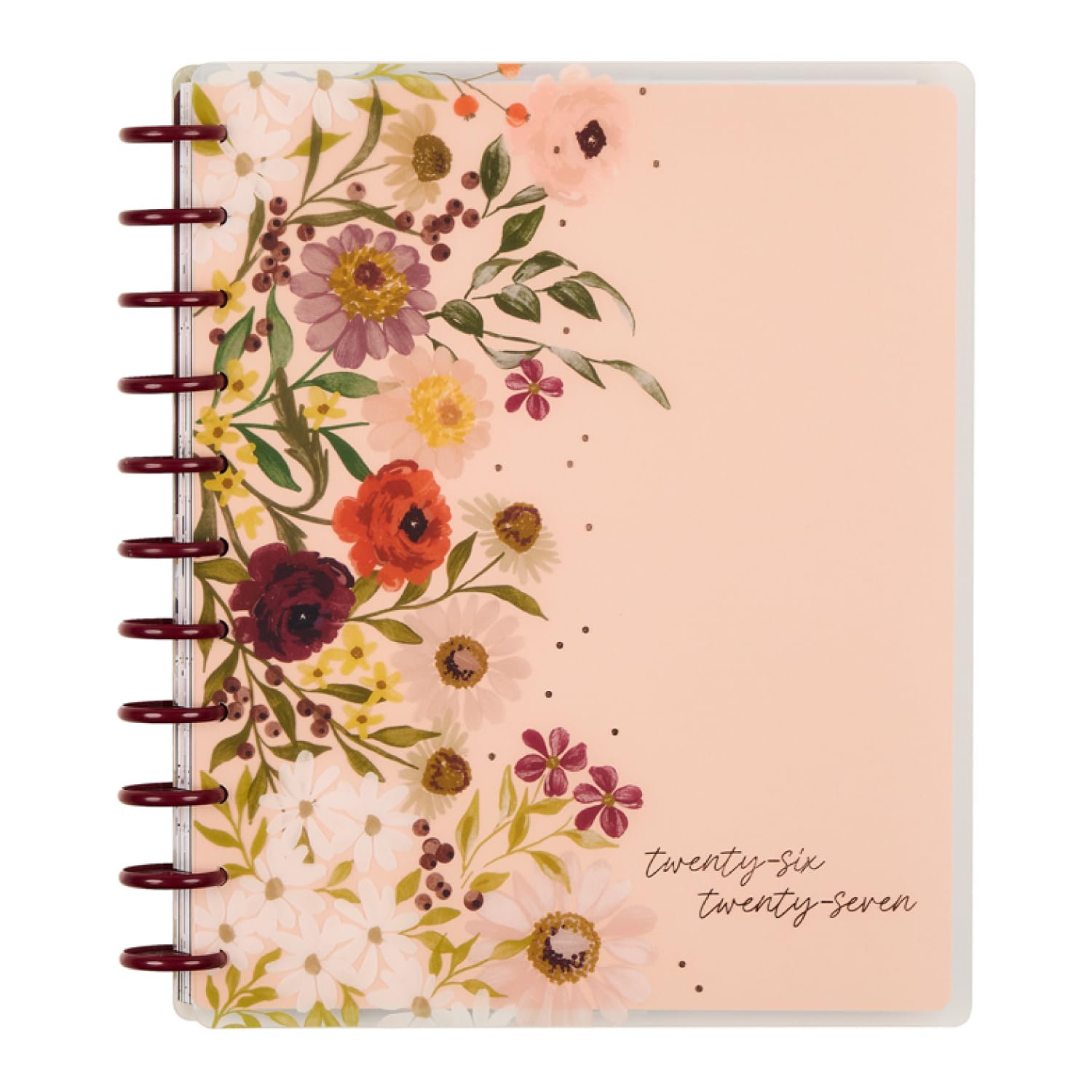 Happy Planner - Planificador encuadernado en disco de julio de 2026 a junio de 2027, tamaño grande | Incluye 3 meses adicionales y 2 hojas de calcomanías, 8.5 x 11 pulgadas, diseño de salpicadero, tema de flores silvestres