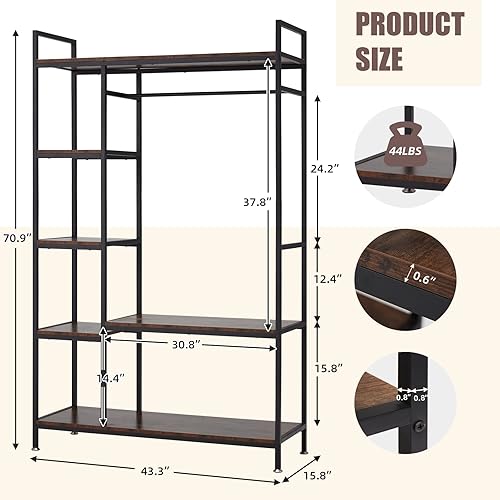 Miniatura 7 de JOMMED Clothing Rack with Shelves Free Standing Closet with Shelves and Hanging Rod Industrial Clothing Rack for Bedroom
