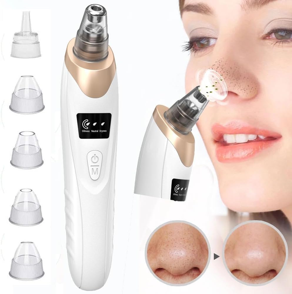 Extracteur de points noirs professionnel pour le visage avec 3 niveaux d'aspiration réglables, nettoyeur de pores rechargeable par USB et 5 sondes interchangeables (blanc cassé)
