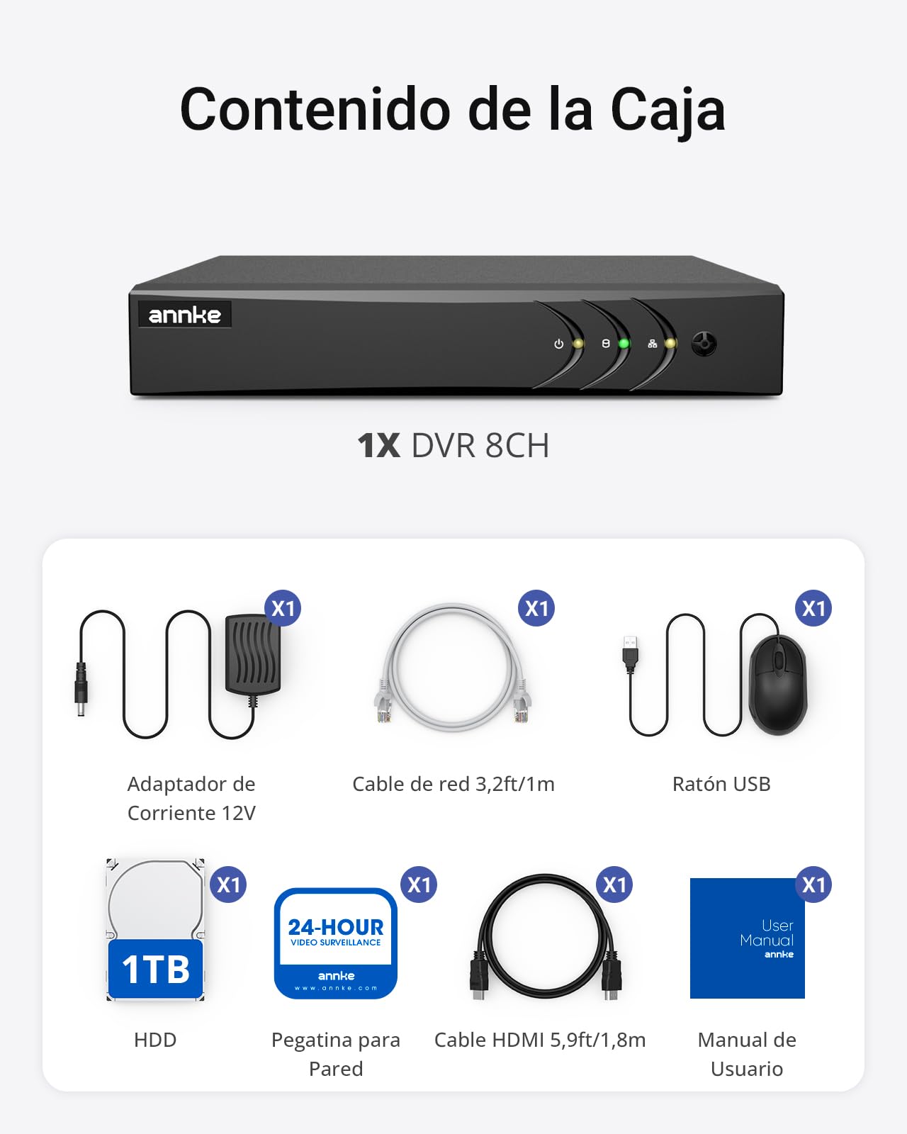 ANNKE 3K/5MP Lite DVR 8 Canales con 1 TB Disco Duro, CCTV Video Vigilancia DVR Soporta 8 Cámaras Analógicas y 2 Cámaras IP, Detección de Personas y Vehículos, H.265+, Alerta por E-Mail con Fotos