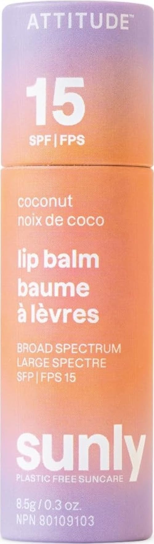 ATTITUDE Plastic-free Lip Balm with Sun Protection SPF 15, EWG Verified, Plant- and Mineral-Based Ingredients, Vegan and Cruelty-free, Coconut, 0.3 Oz
