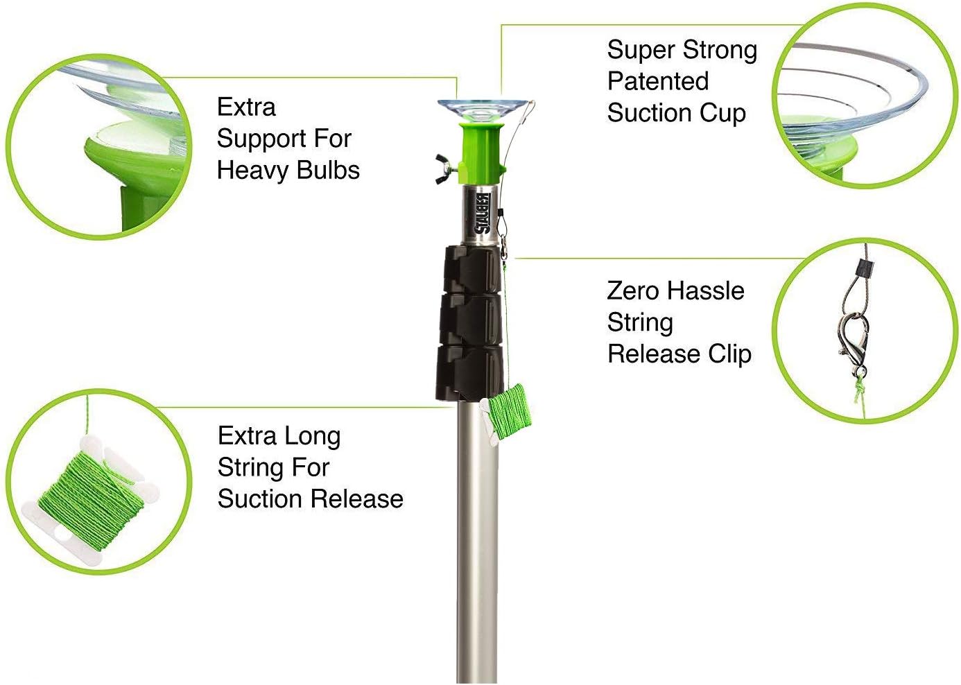 STAUBER Best Bulb Changer (Green, with 20 ft Pole, Large Suction)