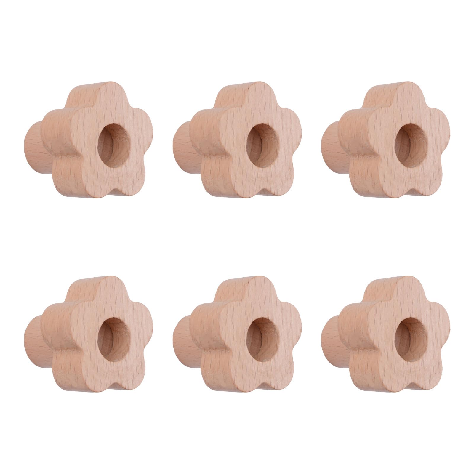 MOROBOR Flower Shaped Wooden Cabinet Knobs, 6pcs Natural Handmade Wood Knob Single Hole Beech Wood Handles for Drawer Wardrobe Cabinet Dresser with