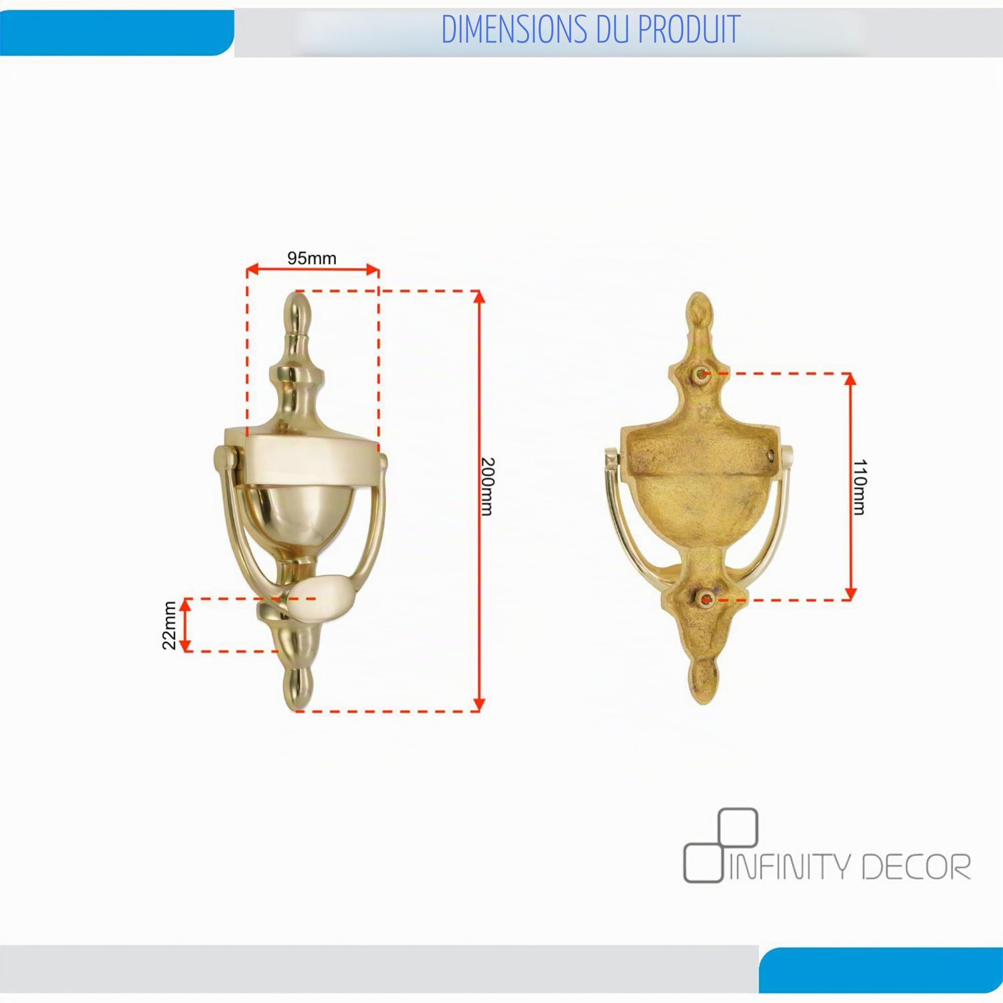 Infinity Decor Heurtoir de porte en laiton poli de style victorien 200 mm - Heurtoir de porte à main de qualité supérieure pour portes d'entrée d'entrée