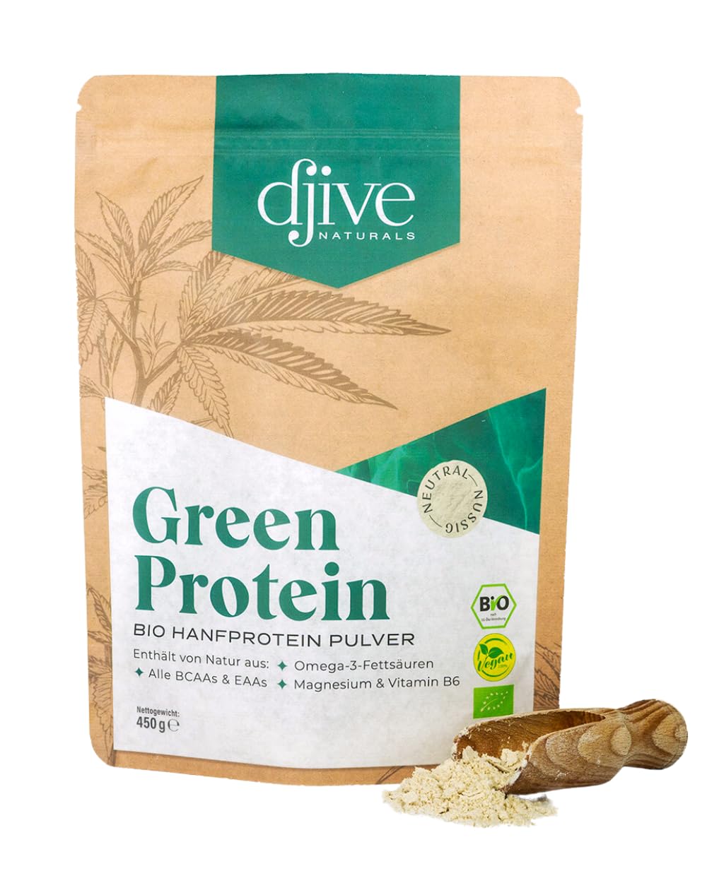 djive naturals - Veganes Bio Protein I naturbelassen, lecker, cremig, vielseitig I neutral bis nussig - Hanfprotein 62% (1 x 450 g)