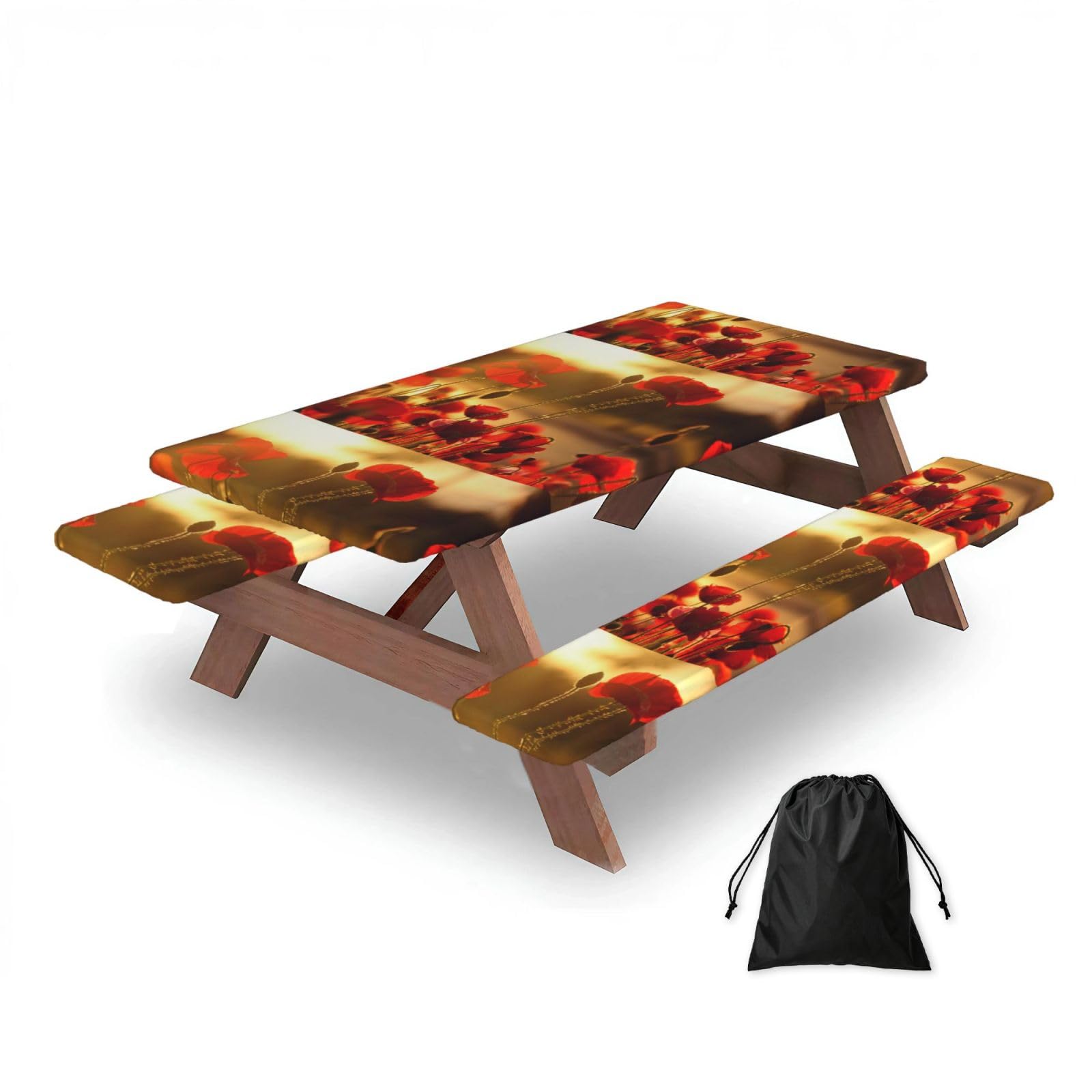 Dopklna As Picture Poppy Flower, Picnic Table Cover With Bench Covers -Waterproof Elastic Fitted Tablecloth For Garden Camping Patio 76X152cm