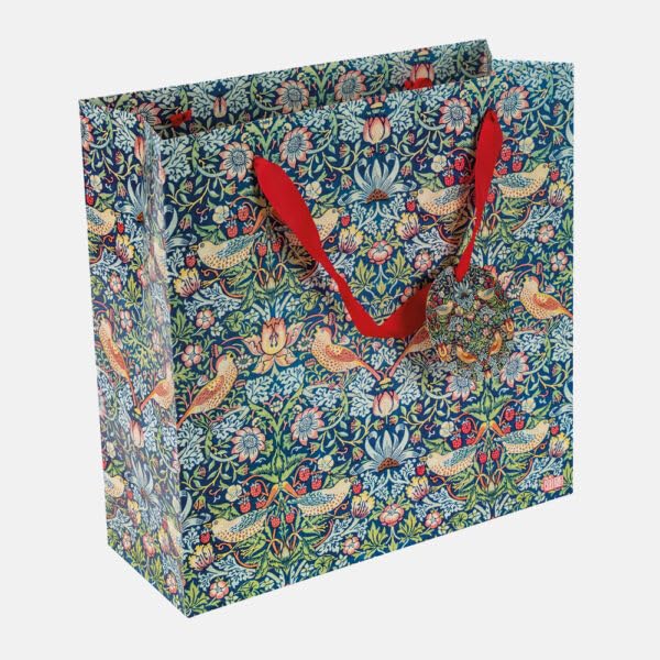 William Morris Strawberry Thief Large Gift Bag – Decorative William Morris Gift Bag with Ribbon Handles & Gift Tag – Stylish Present Bag for Birthdays & Special Occasions 350 × 120 × 90 mm