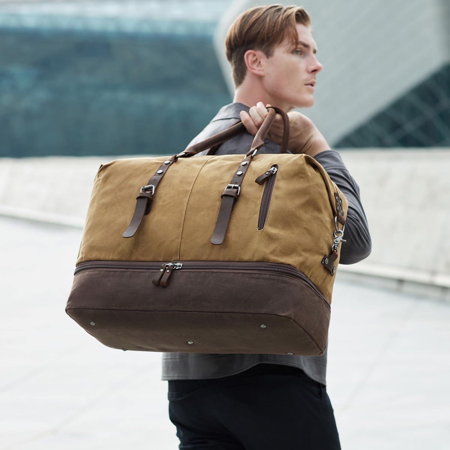 FENGDONG Weekender Bag Large Overnight Bag for Men Women Tote with Shoe Compartment Canvas Carry on Luggage Bag Travel Duffel Bag Brown - Image 7