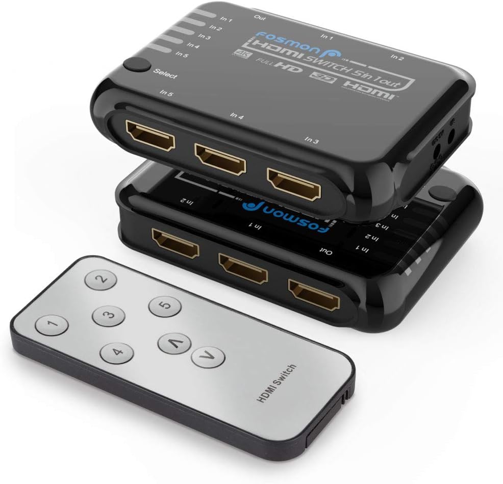 Fosmon 5 Port HDMI Switch, HDMI 2.0 Auto Switch, 4K@60Hz 5x1 Switcher Splitter Box with Remote Control Support 4Kx2K, Full 1080p, 3D HDR, 18Gbps, HDCP 2.2 for Apple TV, Fire Stick, HDTV, PS4, Xbox, PC