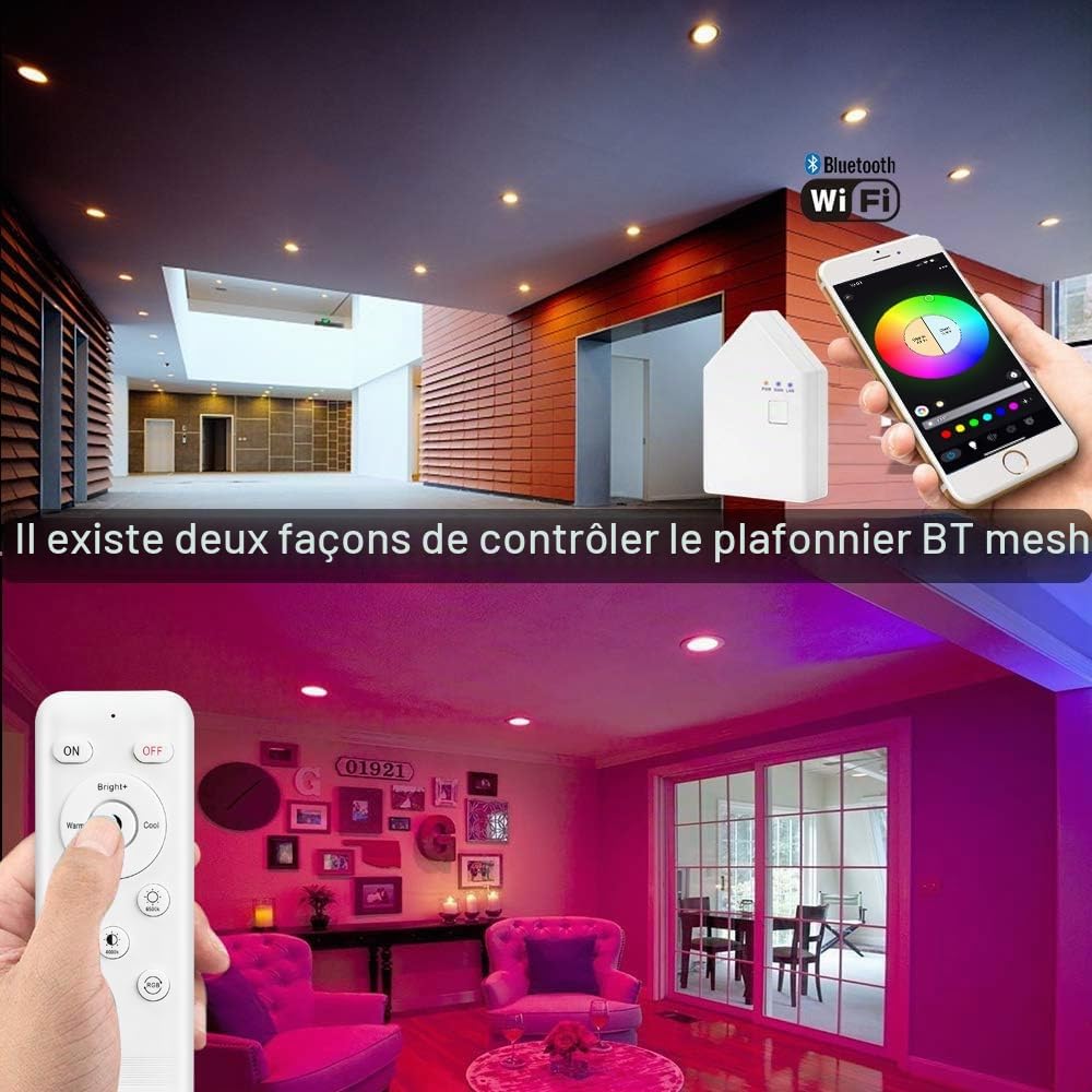 5W Wifi Spot Led Encastrable RGBWC Plafonnier Lampe avec télécommande, Bluetooth éclairage plafond encastré pour exposition, salon, cuisine, ktv, bars (10 Pieces)