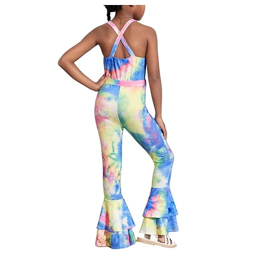 WDIRARA Girl's Tie Dye Layered Bell Bottom Sleeveless Belted Backless Flare Jumpsuit