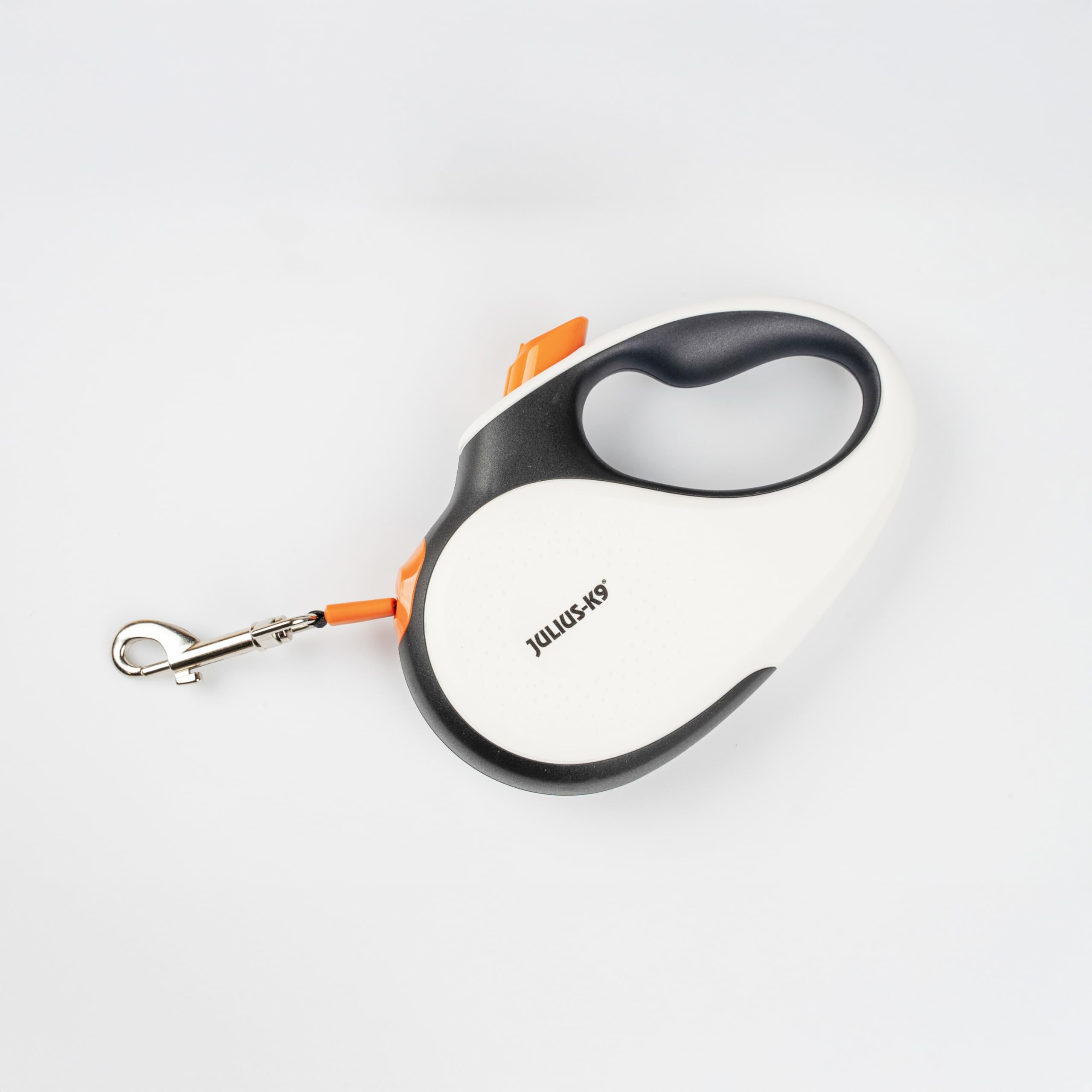 Julius-K9 Retractable Dog Lead, L - 5 m Tape, White/Orange – anti-slip handle, ribbon leash, extandable, one handed brake, pause, lock, reflective ribbon, tangle free, heavy duty
