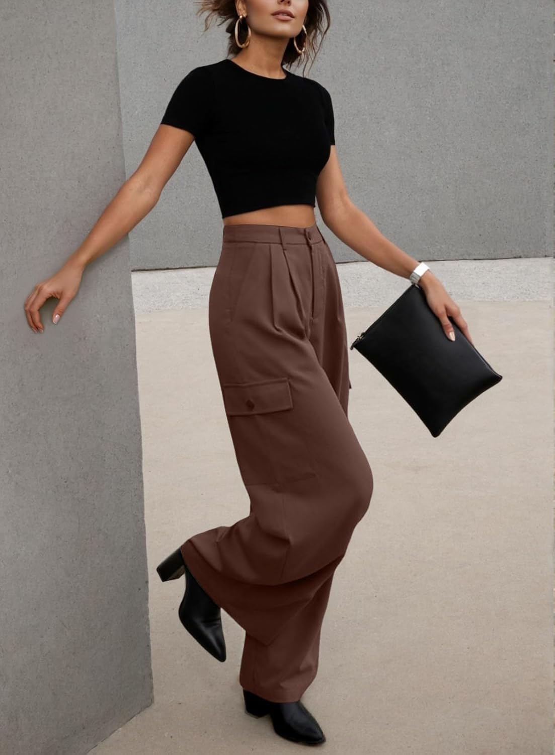 Dokotoo Womens High Waisted Wide Leg Cargo Pants Baggy Casual Work Pants with 4 Pockets