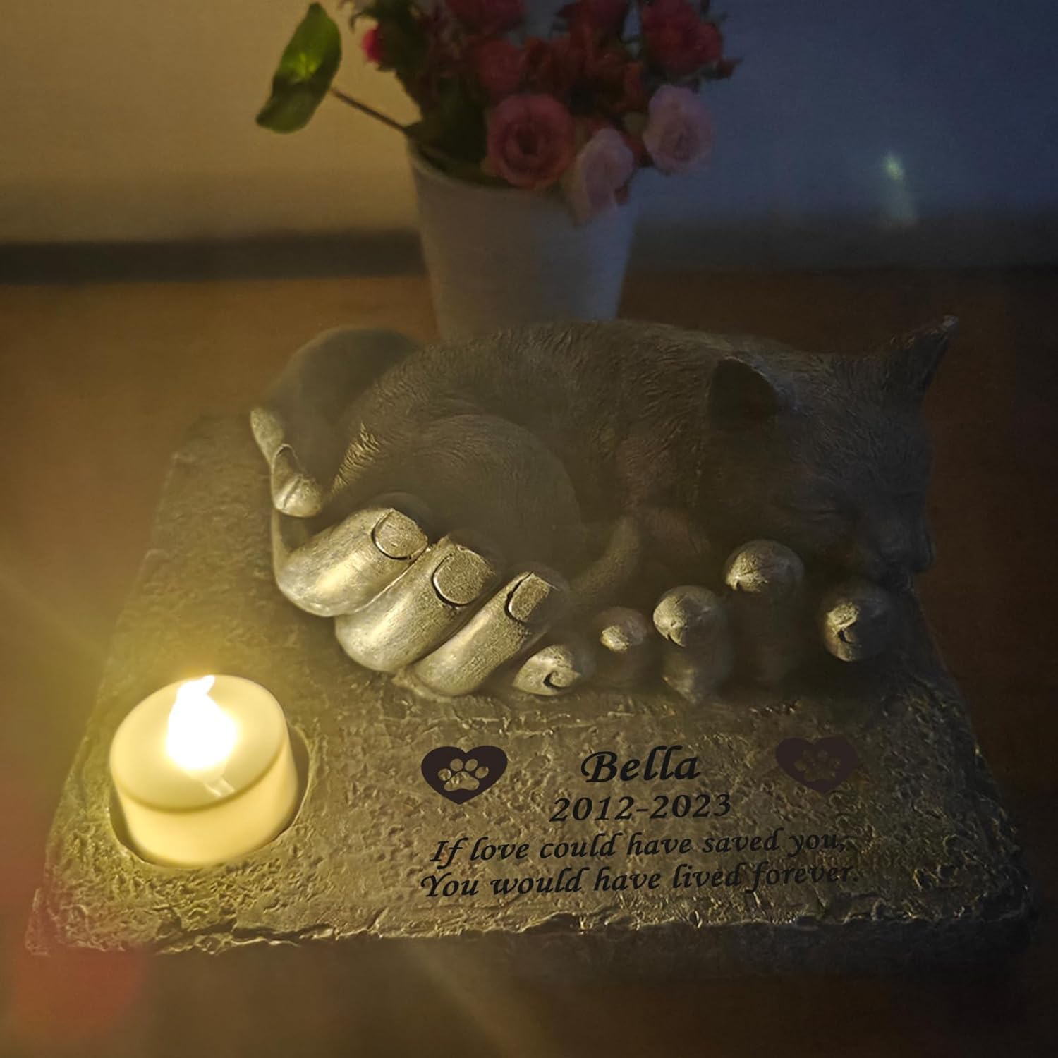 JHB Personalisierte Katzen Gedenksteine, lasergravierte 3D-Statue schlafende Katze, Wasserdicht Katze Grabstein, Katzen Gartensteine, Katze Grab Markierungen,Haustier-Grabstein Kitty, Katzen-Andenken