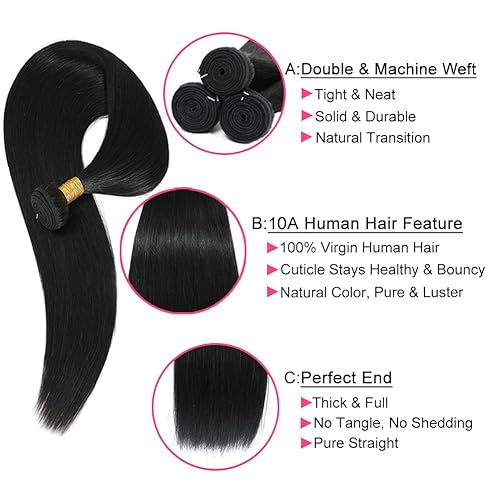 Miniatura 3 de Manojos de cabello humano lacio de 20, 22, 24 pulgadas, 3 paquetes de cabello humano lacio 100% sin procesar, cabello humano virgen brasileño,