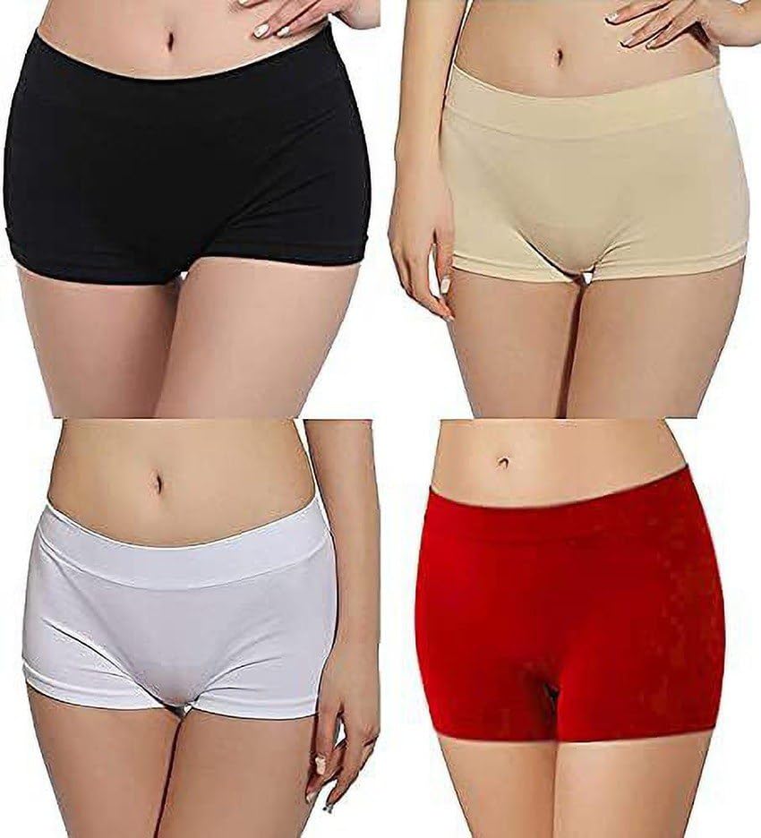 Teenzu Women's Boyshort Panties, Cotton, Solid, Black, Beige, White and Red, No Show Multicolor [Pack of 4]-image-38