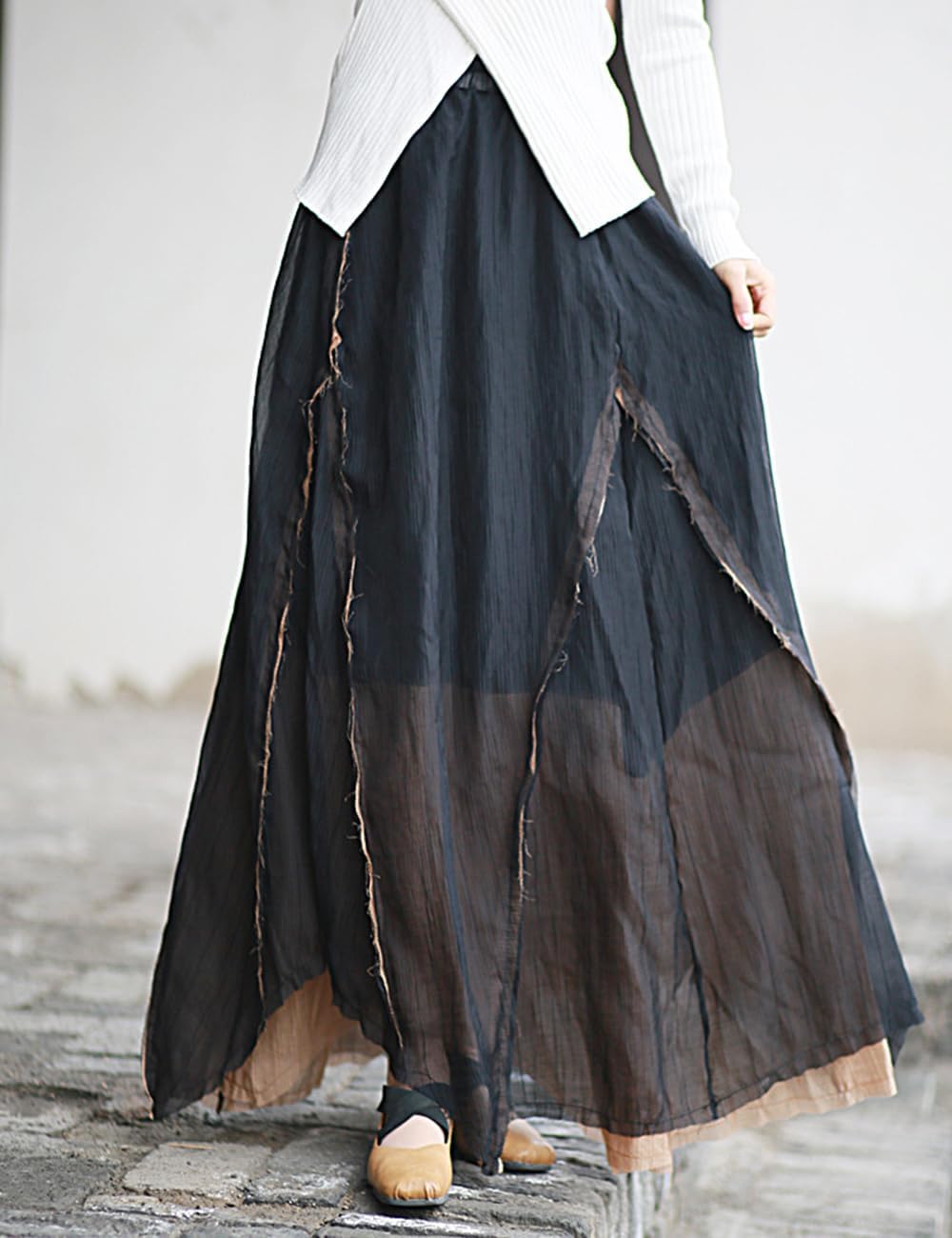Ystylee Women Layered Long Skirt Elastic High Waist Patchwork Frayed Raw Irregular Skirt - Image 2