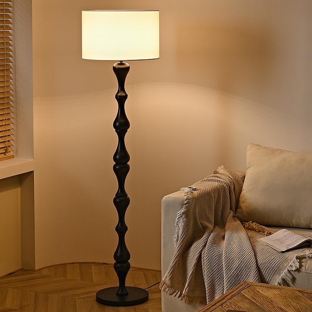 HGJHJJHK Mid Century 60.2" Wooden Floor Lamp Beige Linen Floor Light Round Fabric Tall Lamp with E26 Dimmable Wood Standing Light for Living Room Sofa Area Bedroom Study Meeting Room