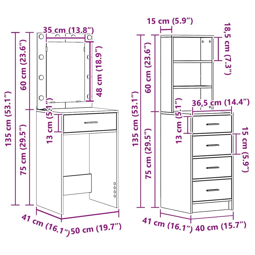 vidaXL Mesa de tocador 2 uds. Negro 50 x 41 x 135 cm | Brillan suavemente para un arreglo fácil, Mucho espacio para todo tu maquillaje y cosas,