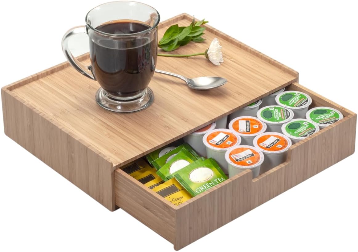 MobileVision Bamboo Drawer Organizer to hold K-Cups, Coffee, Tea, & Espresso Pods, Condiments and Accessories, Perfect for Kitchens & Office Break Rooms