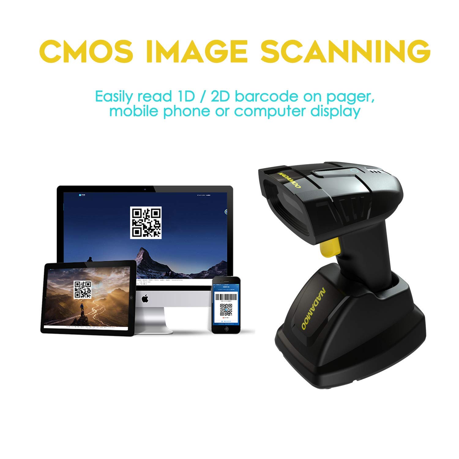 NADAMOO Wireless Barcode Scanner with Charging Cradle, Read 1D, 2D, QR