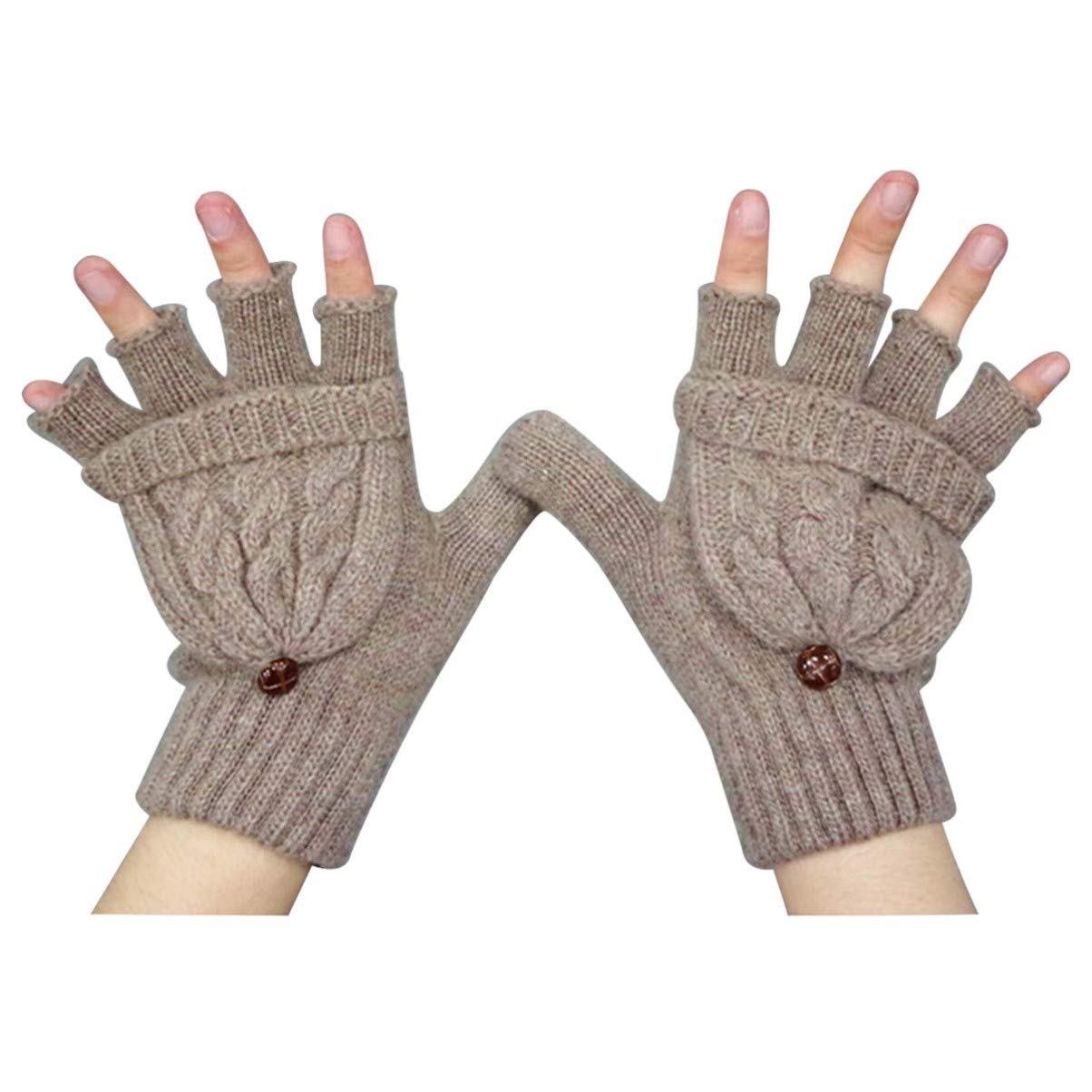 Soimiss Brown Fingerless Gloves Fingerless Mittens Wool Half Finger Winter Gloves Knitted Warm Gloves With Flip Cover Cold Weather Mitten Gloves Hand Warmer