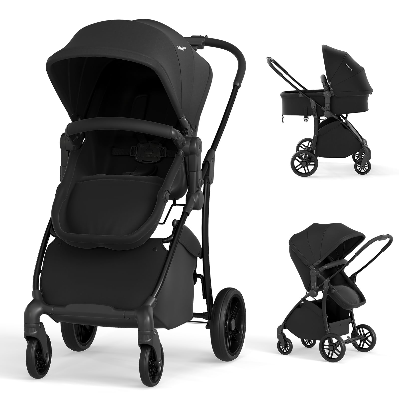 BABY JOY 2 in 1 Baby Stroller, High Landscape Convertible Bassinet Stroller with Reversible Seat, Adjustable Backrest & Canopy, Foldable Pushchair Pram Stroller for Newborn Toddler 0-36 Months (Black)