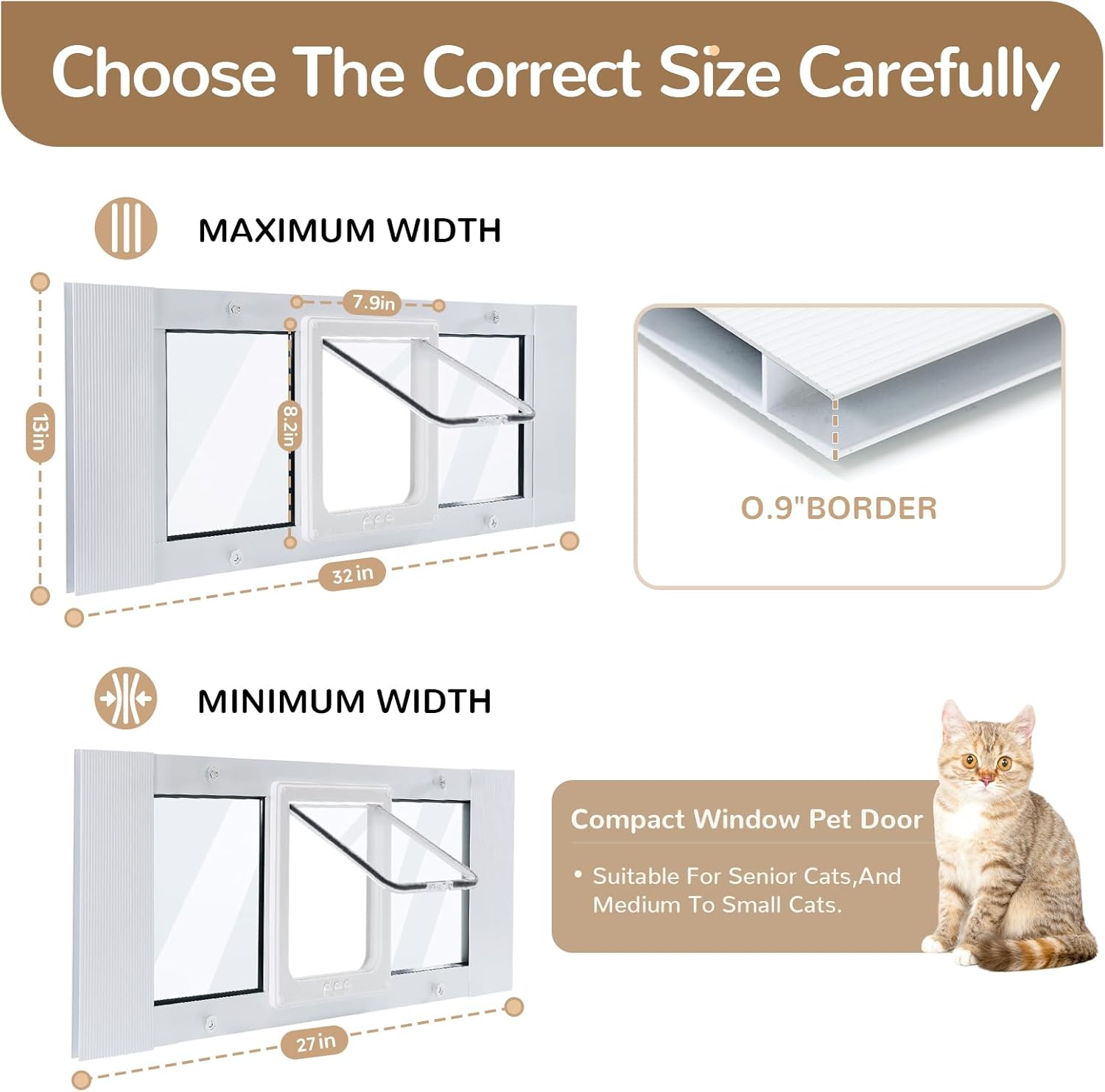 Aluminum Frame Window Cat Door Insert for 27''–32" Sash Windows, Magnetic Flap with 4 Locking Modes, Weatherproof Cat Window Door for Easy Pet Access (27''–32")