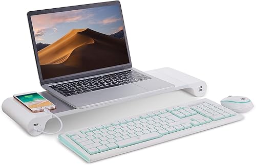 Miniatura 5 de PG Soporte elevador de monitor plateado con puertos de carga USB de 4 puertos, práctico organizador de teclado, organizador de escritorio para