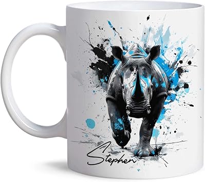 Personalized Artistic Rhino White Cup, Custom Novelty Name Coffee Mug, Wild Animal Themed Ceramic Cup, Gift For Rhino Lovers, Customized Animal Splash Paint Style Mug 11oz 15oz