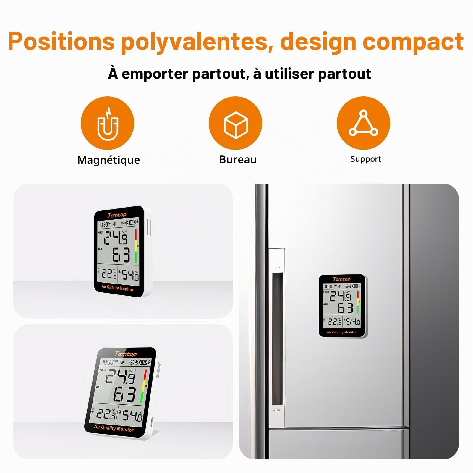 Temtop S1+ Appareil de Mesure de la Qualité de l'air PM2,5 AQI Température et Humidité, Thermomètre Hygromètre Connecté APP, Autonomie de Batterie Longue de 100 Jours pour Maison