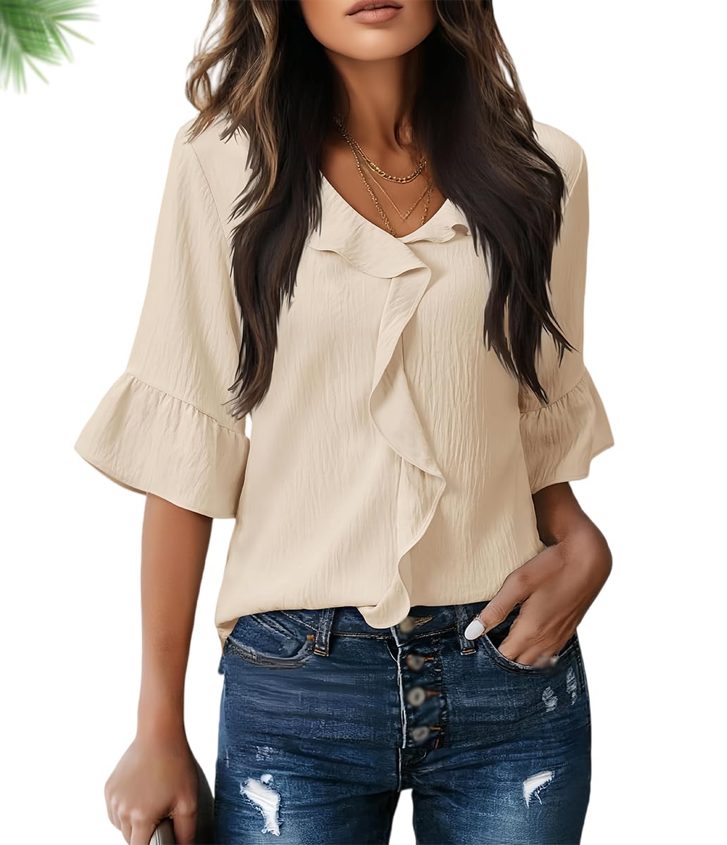 Camiseta para Mujer de Color Liso, Cuello en V, diseño Calado y Manga 3/4 | Blusas Elegantes y Casuales | Camisetas con Cuello en V y Volantes