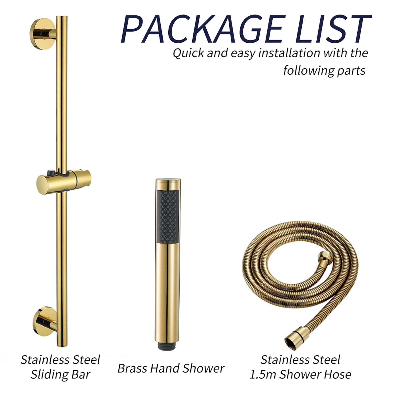 Asta Doccia 65 cm Saliscendi Doccia 304 Acciaio Inox Montaggio a Parete Asta Doccia Saliscendi Completo Regolabile con Doccetta, Tubo 150 cm, Supporto Regolabile,Titanium Gold