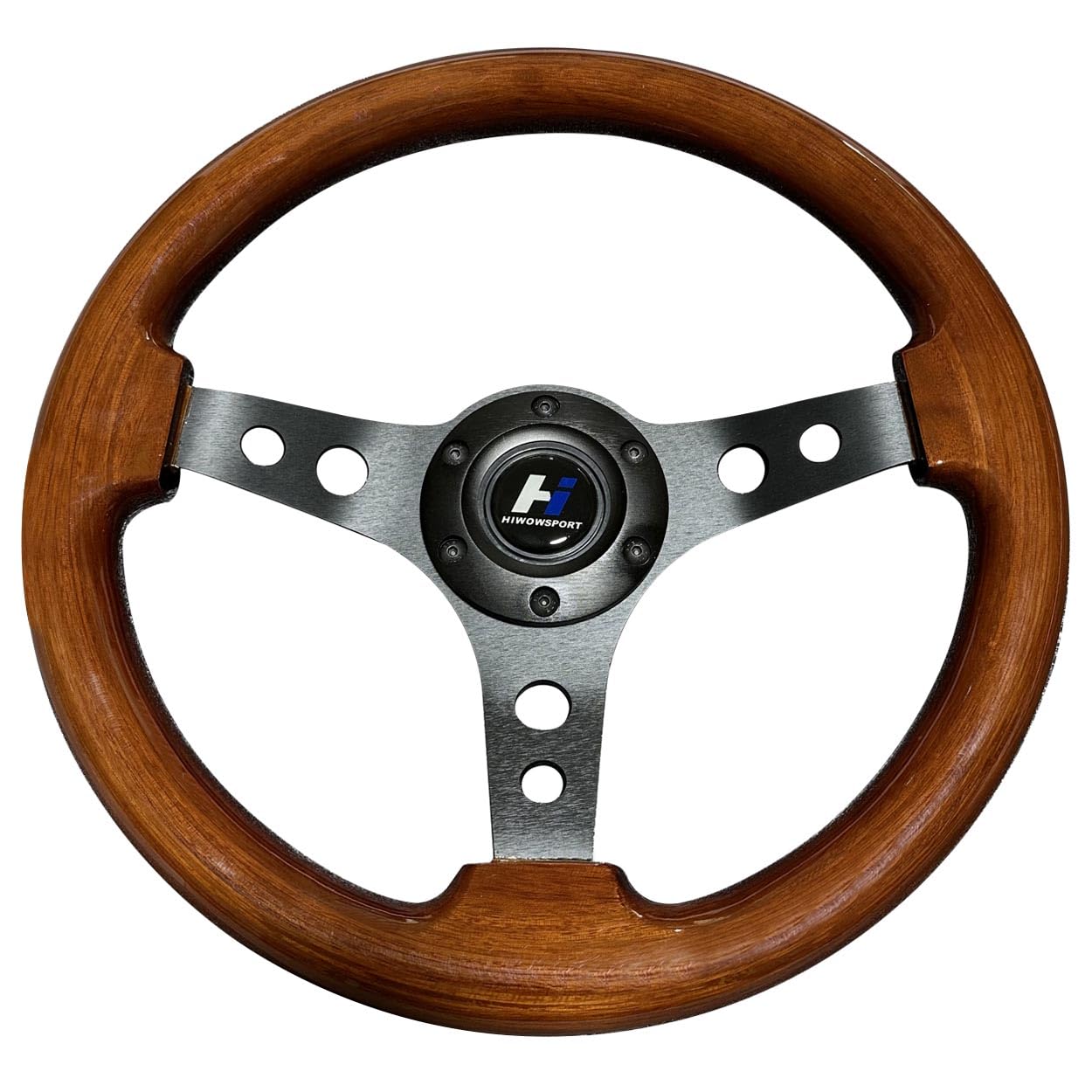 Volante universal clásico de madera cepillada de 13 pulgadas, 3 radios, 1,5 pulgadas de profundidad, con botón de bocina, 6 pernos, 007