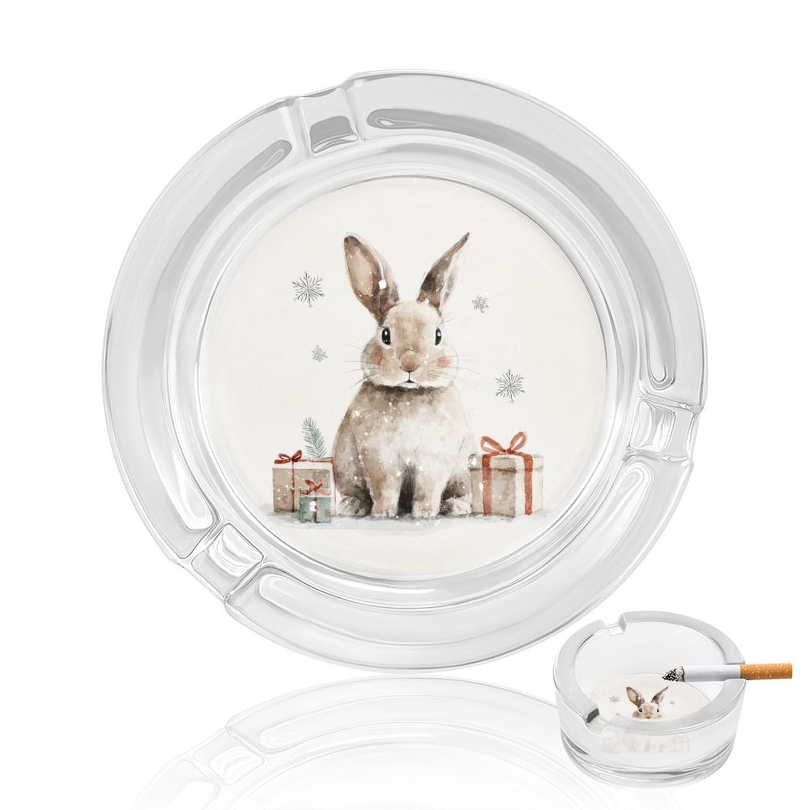 Cute Christmas Bunny Watercolor Glass Ashtray for Cigarettes Portable Decorative Ash Trays for Home Office Decor
